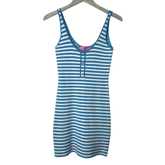 Barbie x Aqua Blue Striped Knit Mini Dress with Heart Buttons - Picture 1 of 6